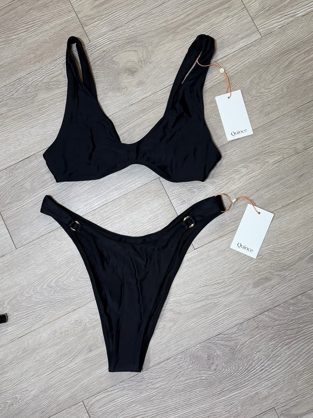 Quince Black Italian Two-Piece Bikini Set with Gold Accents NWT size M